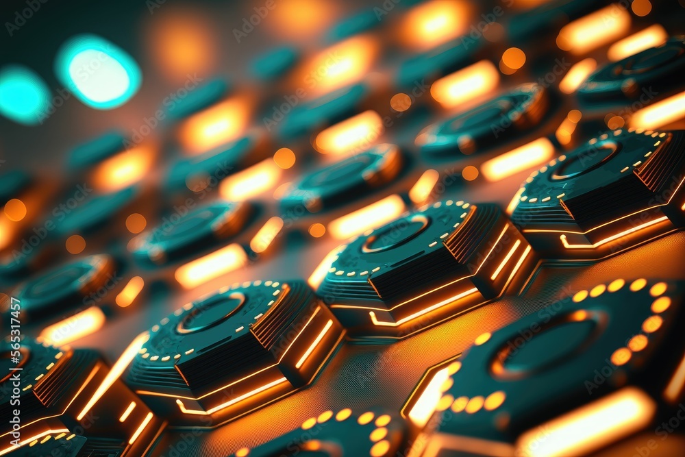Poster macro abstract electronic circuits, bright neon lights ,made with generative ai