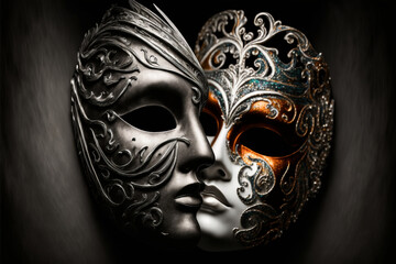 Carnival Venetian two faced mask, half black half silver