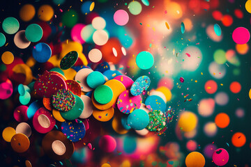 olorful confetti in front of colorful background with bokeh for carnival