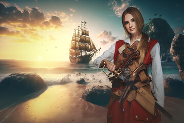 Fototapeta premium Shot of pirate woman dressed in costume on coast of tropical island.