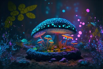 Fototapeta na wymiar Magical Mushroom in fantasy enchanted fairy tale forest. Generative Ai.
