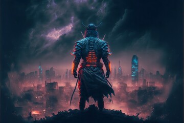 Samurai standing on the roof with neon city lights at night on background, from back, AI Generative - obrazy, fototapety, plakaty