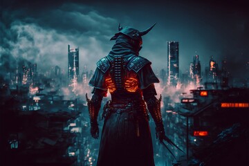Samurai standing on the roof with neon city lights at night on background, from back, AI Generative