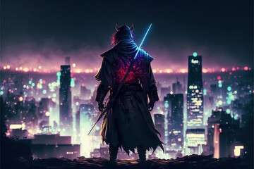 Samurai standing on the roof with neon city lights at night on background, from back, AI Generative
