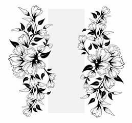 floral arrangement frame for invitation, poster, greeting card, background. Can be used to print on fabric or paper. Richly decorated, flowers, grass, leaves, branches. Made in the style of line art