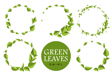 Green flying leaves round frame set. Foliage wreath. Fresh Tea Leaves Circle border.