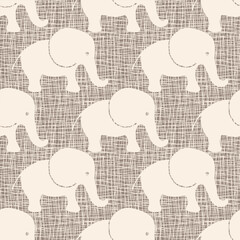 Cute baby elephant vector seamless pattern background. Adorable simple beige gender neutral backdrop with naive hand drawn elephants. Burlap texture overlay. Repeat design for nursery, children.