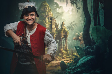 Fototapeta na wymiar Shot of smiling pirate with flintlock handgun and sword in search of treasure.