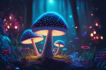 Fototapeta na wymiar Magical Mushroom in fantasy enchanted fairy tale forest. Generative Ai.
