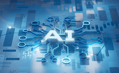 Artificial Intelligence (AI) machine learning innovation technology on circuit board, 3d rendering