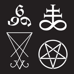 Set of occult symbols Leviathan Cross, pentagram, Lucifer sigil and 666 the number of the beast hand drawn black and white isolated vector illustration. Blackwork, flash tattoo or print design.