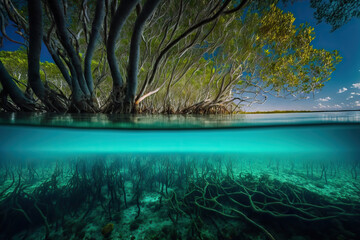 Underwater photograph of a mangrove forest with flooded trees. Based on Generative AI