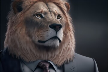 Portrait of a lion dressed in a formal business suit. Generative Ai.
