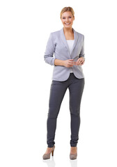 Portrait of a beautiful young woman standing wearing a business formal wear Isolated on a PNG...