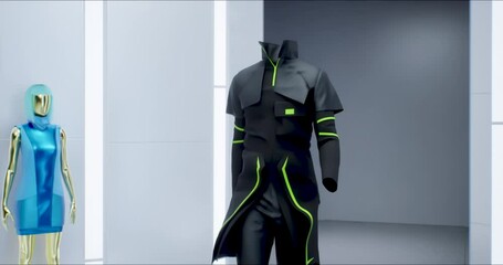 3D Fashion Show: Invisible Virtual Model Walking by the Metaverse Podum. Fashionable Black Casual Look. Meetings in Virtual Space, Artificial World. Concept of Gamification and Realization of NFT