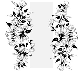 floral arrangement frame for invitation, poster, greeting card, background. Can be used to print on fabric or paper. Richly decorated, flowers, grass, leaves, branches. Made in the style of line art