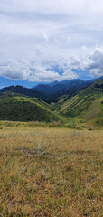 Mountain landscape with green grass and blue sky, Kazakhstan