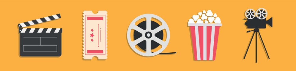 Cinema icon set line. Popcorn box package Big movie reel. Open clapper board. Ticket Admit one. Three star. Flat design style. Yellow background. Isolated. Vector 10 EPS. - obrazy, fototapety, plakaty