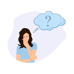 Woman thinks. Illustration of beautiful woman thinking. flat style. Women's thinking and problem solving. Woman thinking about solving problems and question. Vector illustration