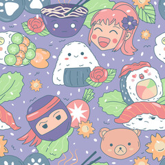 Kawaii seamless pattern for bento with cute sushi and onigiri with smiling faces, laughing girl and funny ninja from japanees anime. Happy vector background for kids about asian food.