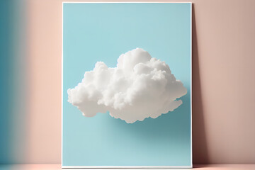 Generative AI illustration of picture with fluffy while cumulus could floating against blue background placed on shelf near beige wall