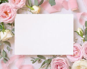 Blank card between pink roses and pink silk ribbons on marble top view, wedding mockup