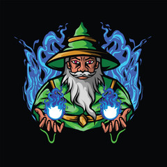 WIZARD LOGO ESPORT BLUE COLORS ,clown with a magic wand in their hands