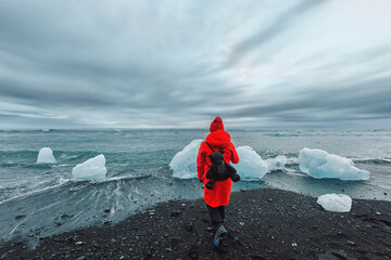 A female tourist in a red jacket walks near glaciers in the Jokulsarlon glacial lagoon near Vatnajokull National Park, southeast Iceland .Trip Iceland - obrazy, fototapety, plakaty