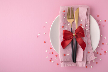 Valentine's Day background. A set of golden cutlery and pink napkin on plate with hearts confetti