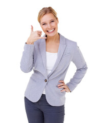 Portrait of a beautiful woman giving a hand signal for a phone call Isolated on a PNG background.