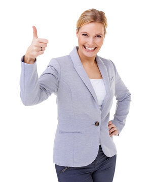 Portrait of a happy young businesswoman with a thums up gesture with her hands Isolated on a PNG background.