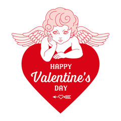 Valentine's day Heart shape logo and Cupid with one hand resting under their chin - Red and pink color