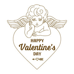 Fototapeta premium Valentine's day Heart shape logo and Cupid with one hand resting under their chin - Hand drawn outline
