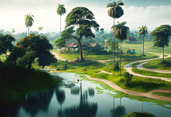 Bangladesh landscape with river. Generative AI Art. Beautiful view.