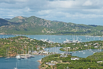 Fototapeta na wymiar Panoramic view of Nelson's Dockyard, English Harbour and Falmouth on the island of Antigua taken from Shirley Heights.