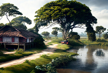 Bangladesh landscape with river. Generative AI Art. Beautiful view.