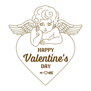 Valentine's Day Heart Shape Logo And Cupid With One Hand Resting Under Their Chin - Hand Drawn Outline