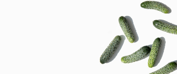 Fresh cucumbers on a white background. Top view, flat lay. Banner