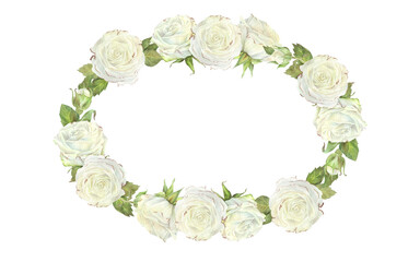 Oval wreath of white roses and buds with leaves. Place for inscription or text. Watercolor illustration. Isolated on a white background. For design of dishes, greeting card, wedding invitation