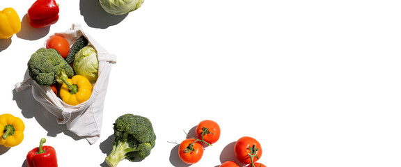 Fresh vegetables in a bio bag on a white background. Top view, flat lay. Banner