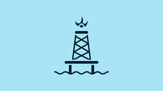 Blue Oil rig with fire icon isolated on blue background. Gas tower. Industrial object. 4K Video motion graphic animation