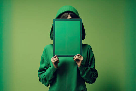 Generative AI Illustration Of Unrecognizable Person With Face Covered By Hood Carrying Laptop In Hands Dressed In Green Clothes On Green Background. Artwork, Conceptual.