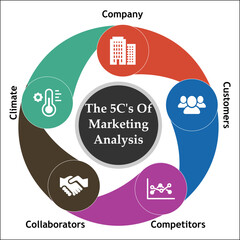 5 C's Of Marketing Analysis. Infographic template with icons