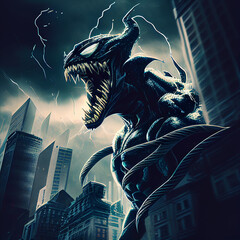 superhero character venom building dark atmoshpere illustration realistic marvel