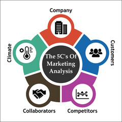 5 C's Of Marketing Analysis. Infographic template with icons