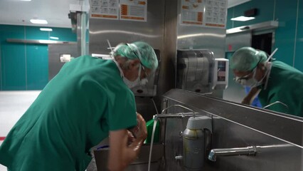 The doctor is preparing for surgery. Doctor sterilizing by washing hands before surgery