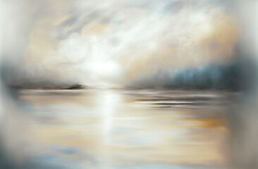 Abstract Background: Dreamy Silver, Ivory and Ochre evokes a sense of a misty lake coastline, Generative AI