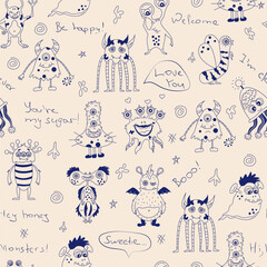 Fototapeta na wymiar Cute hand drawn monsters. Seamless childish pattern. Creative kids texture. Perfect for wallpaper, apparel, fabric and textile.