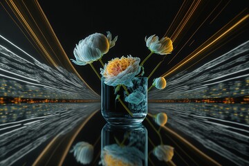 A unique and visually striking cocktail made with various types of edible flowers, perfect for a special occasion or to add a touch of elegance to any event. Created with generative AI.