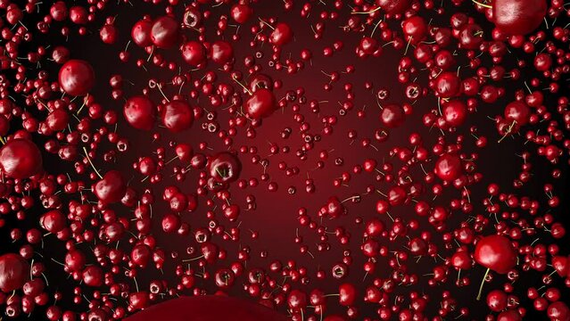 red cherries flying towards the camera on white bacground.